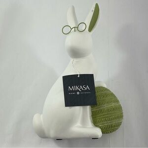 MIKASA Home Accents 12’’ White & Green Resin Rabbit Egg Figurine With Glasses
